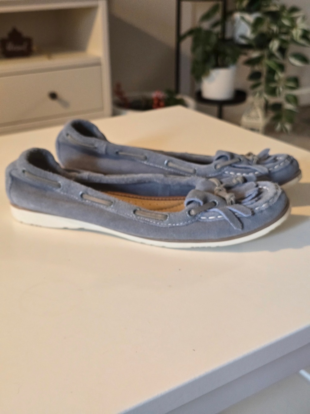 Mark & Spencer Leather Blue Suede Moccasin Flats with Bow Size 40 Eur